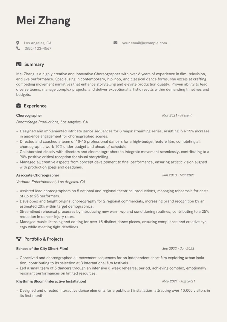 Choreographer Resume Example CV template preview