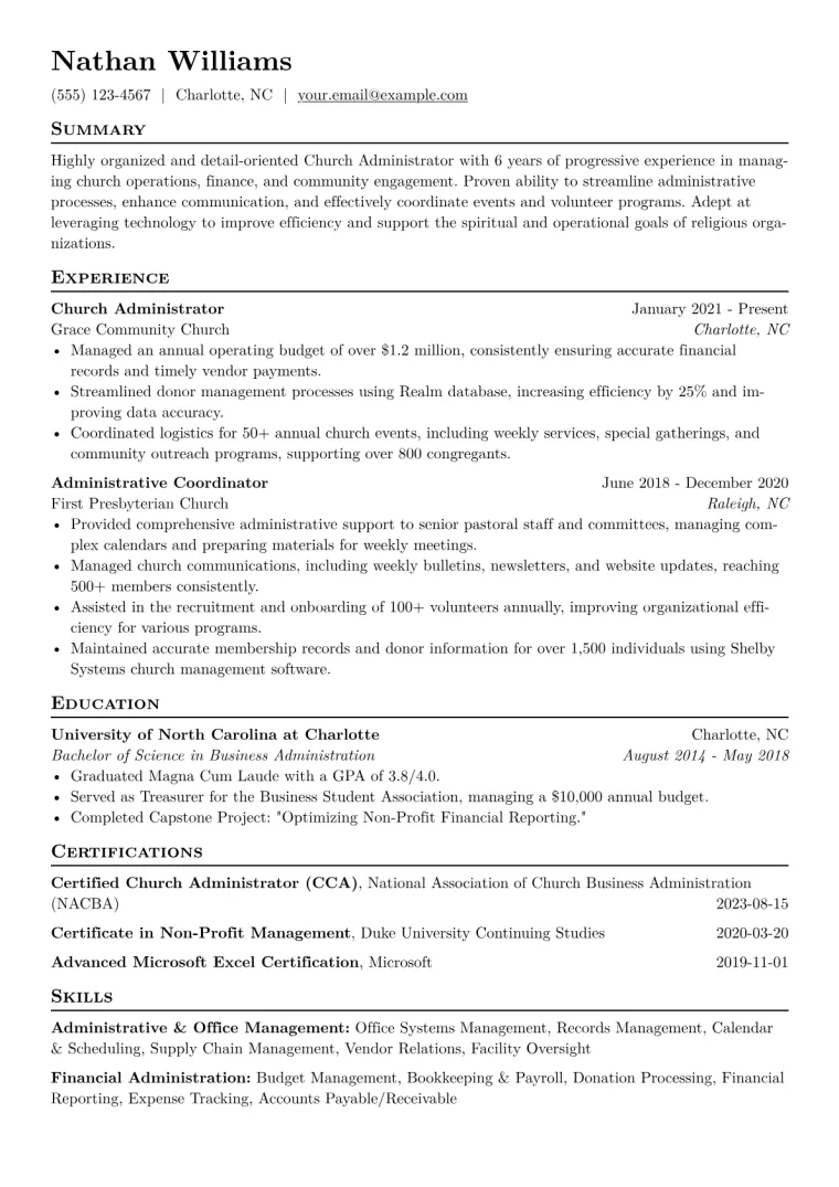 Church Administrator Resume Example CV template preview