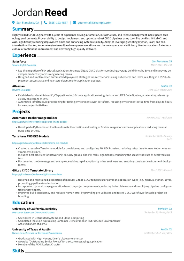 CI/CD Engineer Resume Example CV template preview