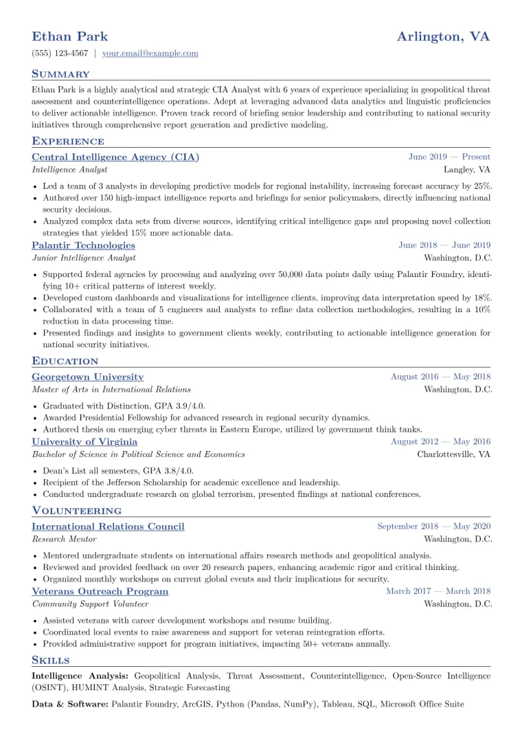 CIA Analyst Resume Example CV template preview