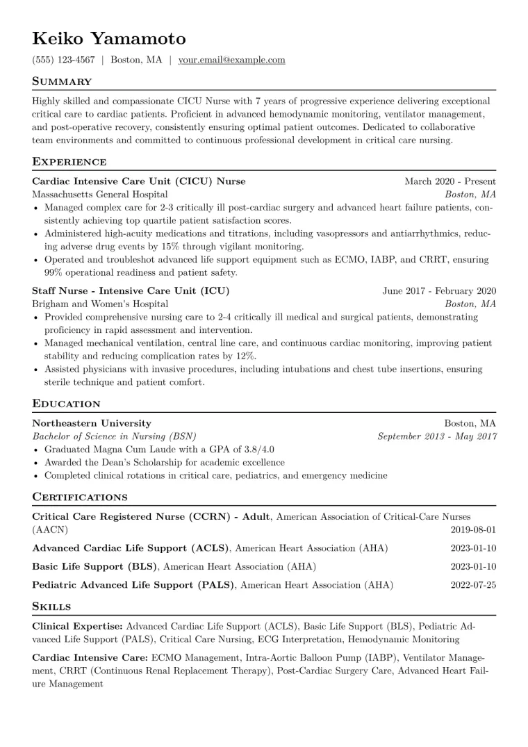 CICU Nurse Resume Example CV template preview