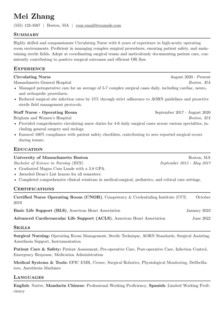 Circulating Nurse Resume Example CV template preview