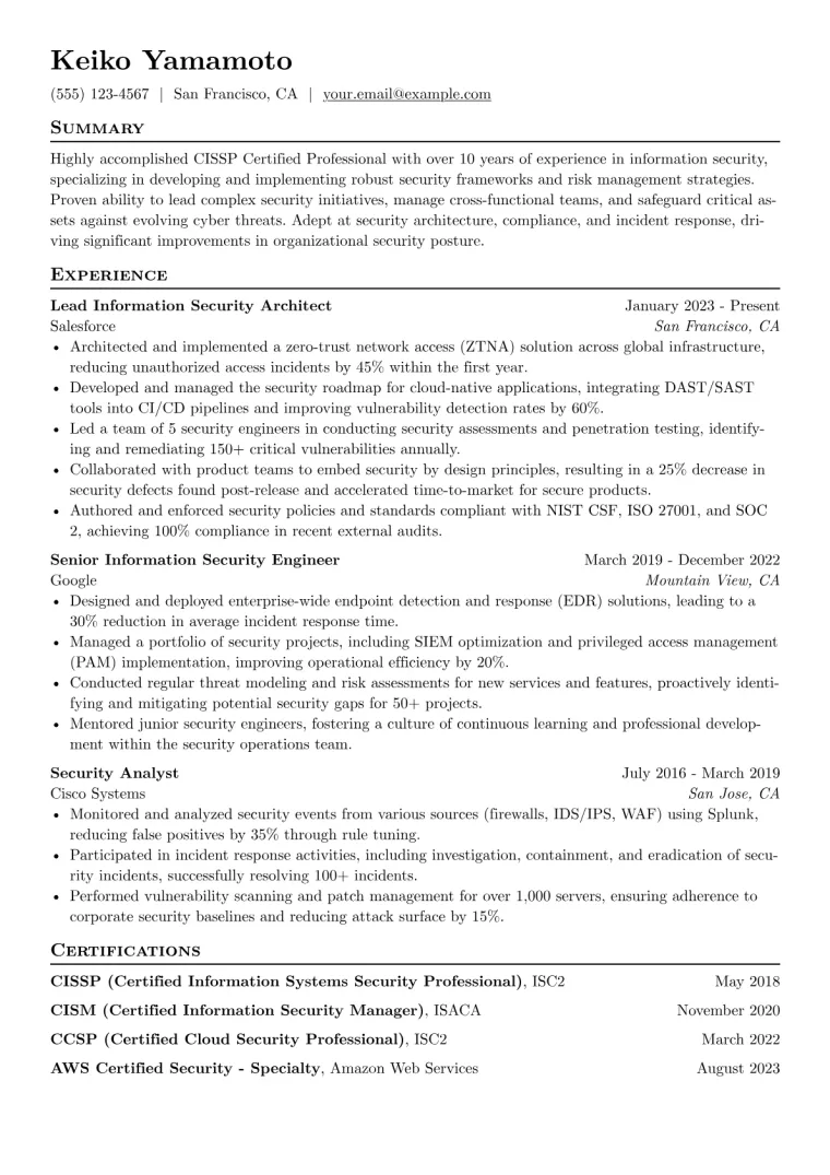 CISSP Certified Professional Resume Example CV template preview