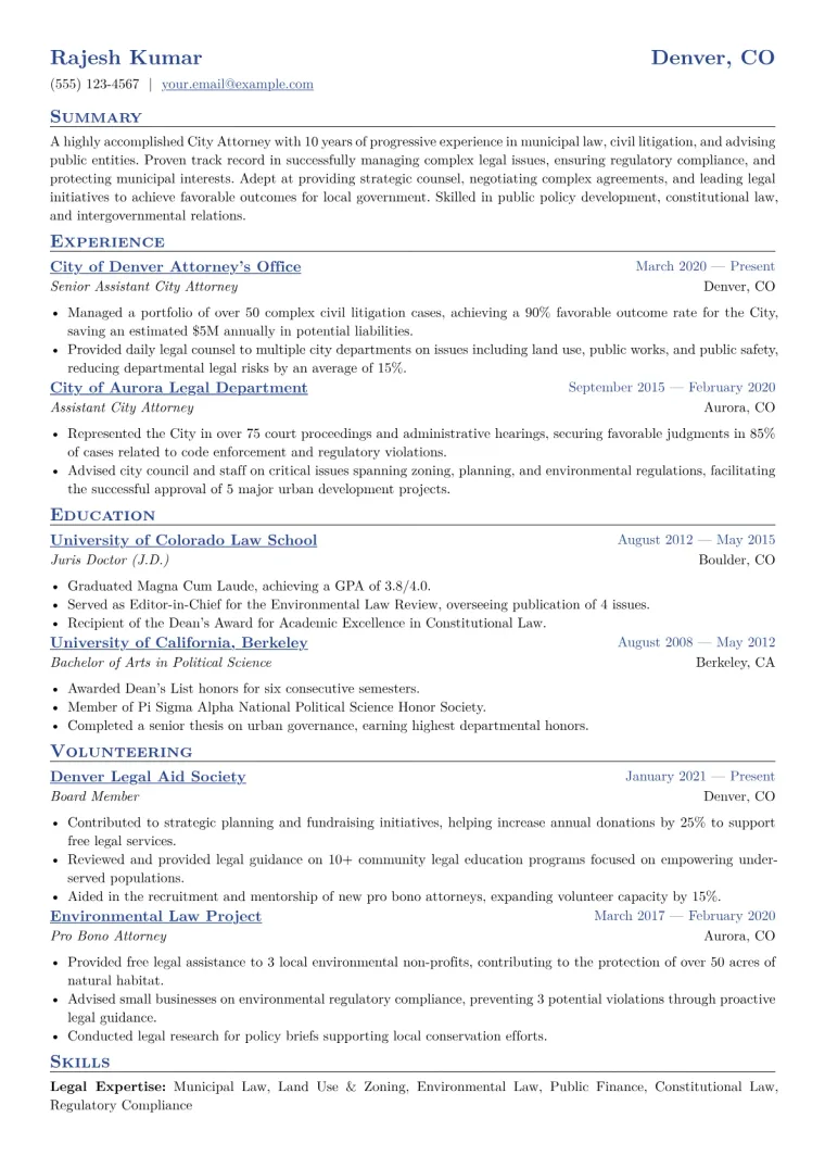 City Attorney Resume Example CV template preview
