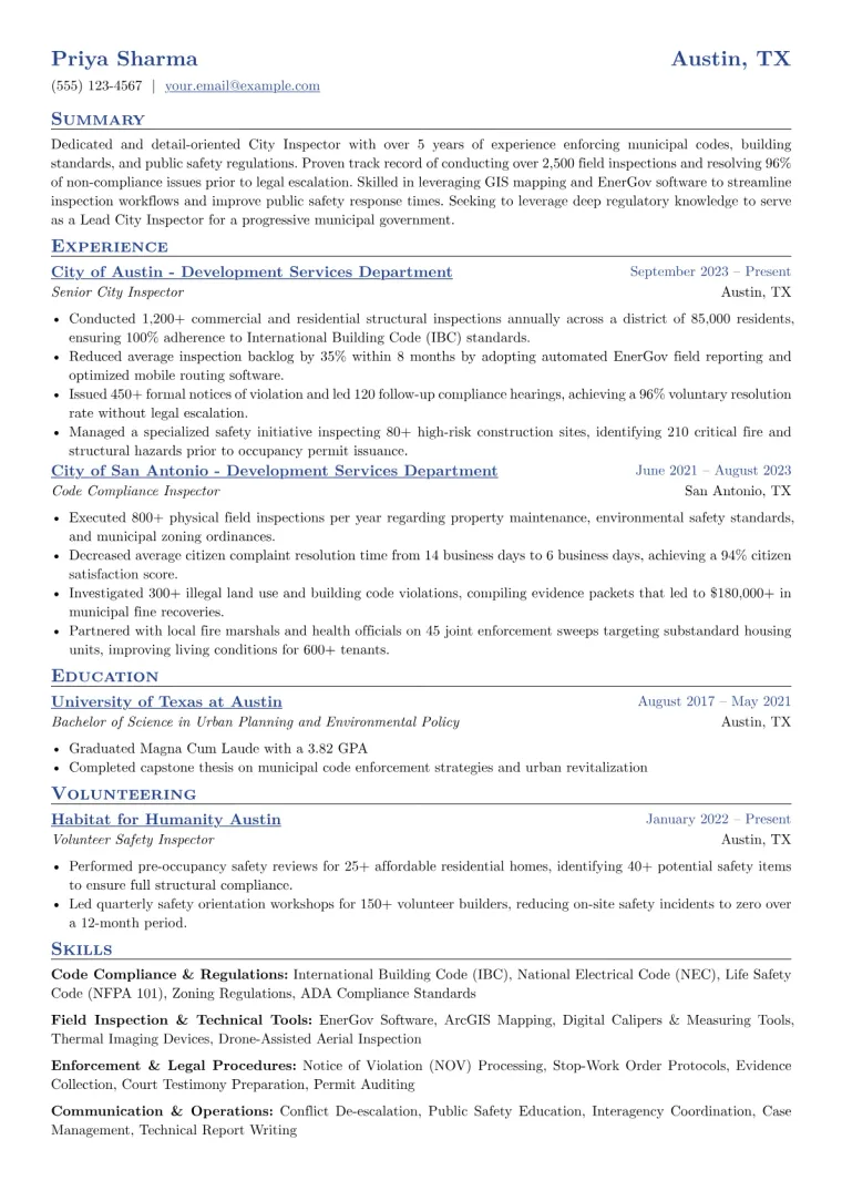 City Inspector Resume Example preview