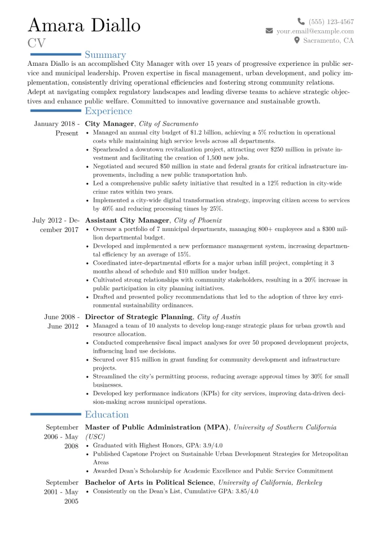 City Manager Resume Example CV template preview