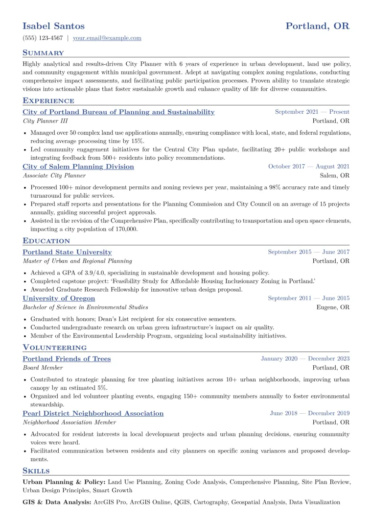 City Planner Resume Example CV template preview