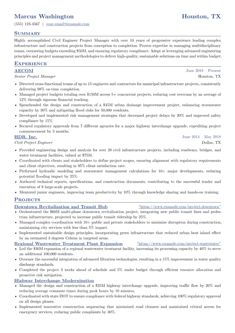 Civil Engineer Project Manager Resume Example CV template preview