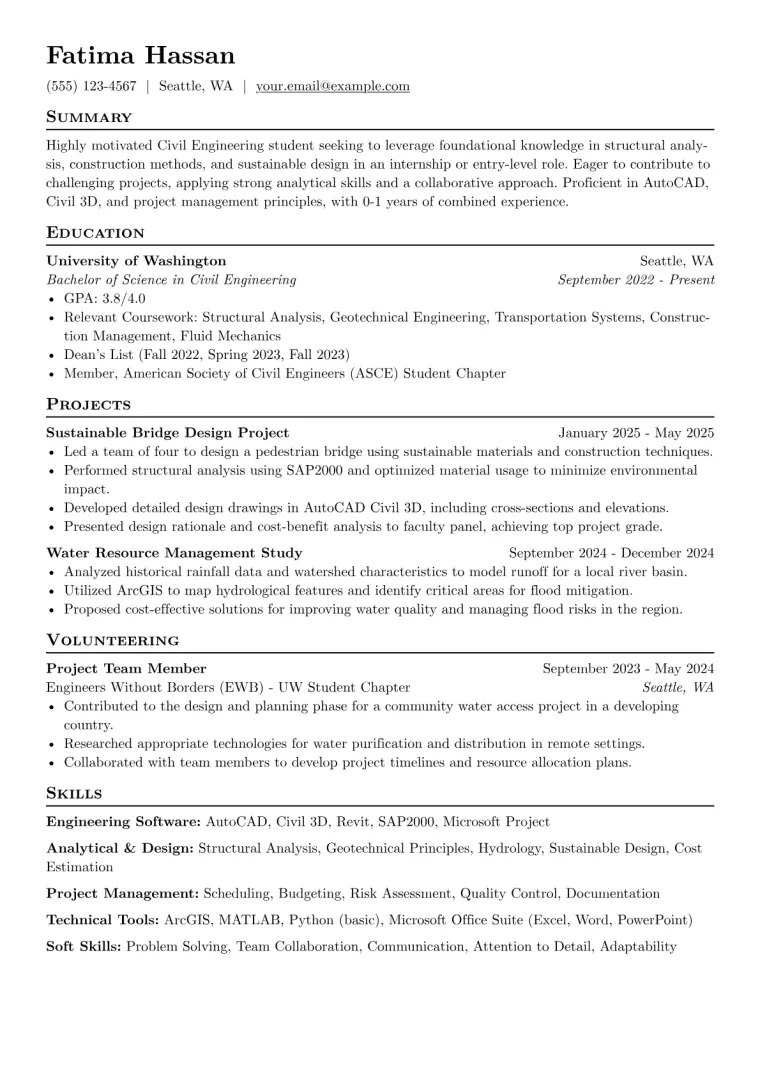 Civil Engineering Student Resume Example preview