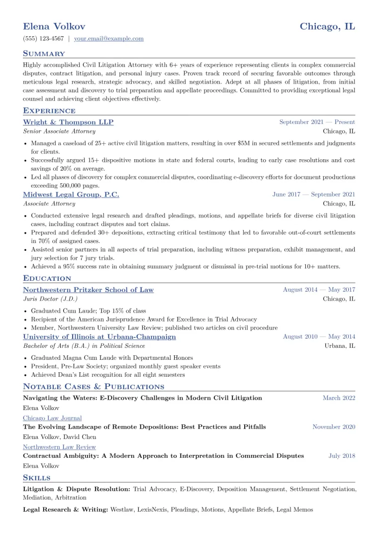 Civil Litigation Attorney Resume Example CV template preview