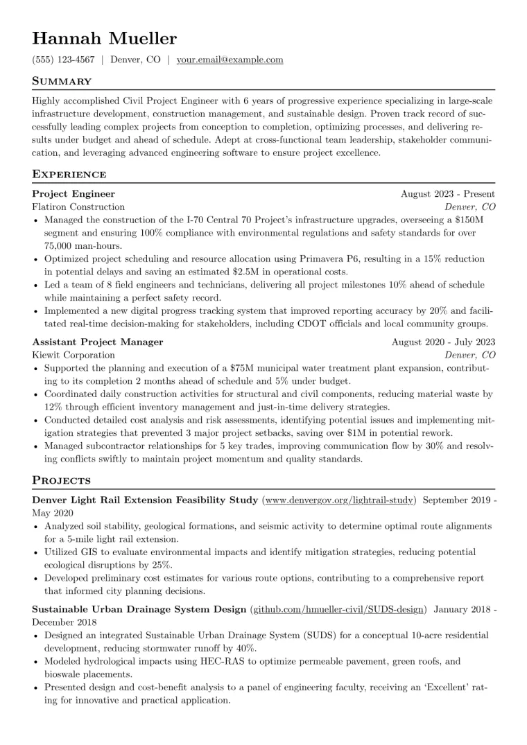 Civil Project Engineer Resume Example preview