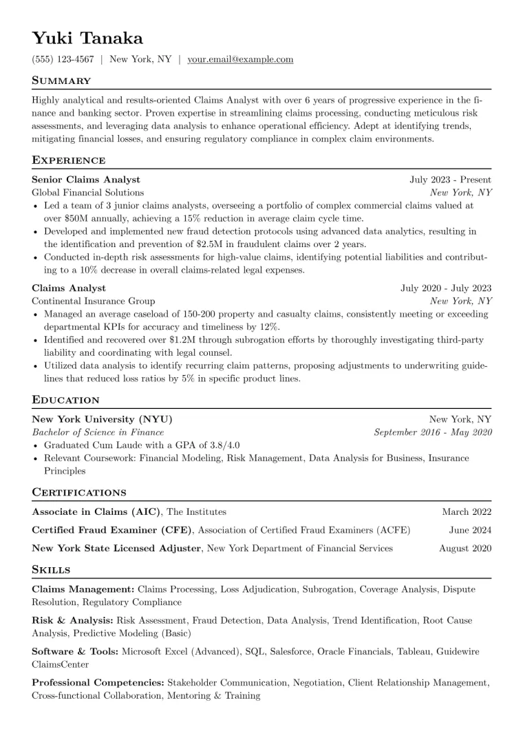 Claims Analyst Resume Example CV template preview