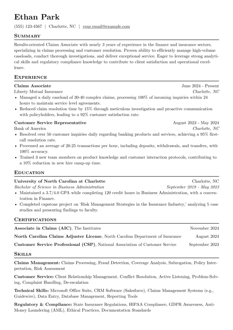 Claims Associate Resume Example CV template preview
