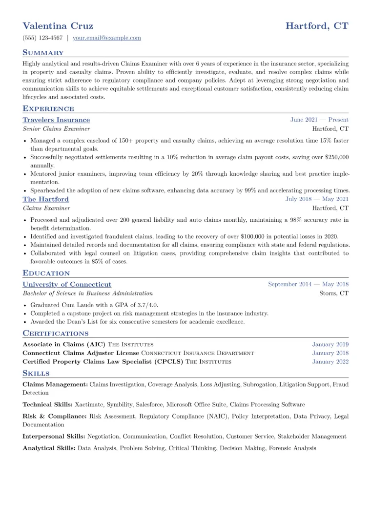Claims Examiner Resume Example CV template preview