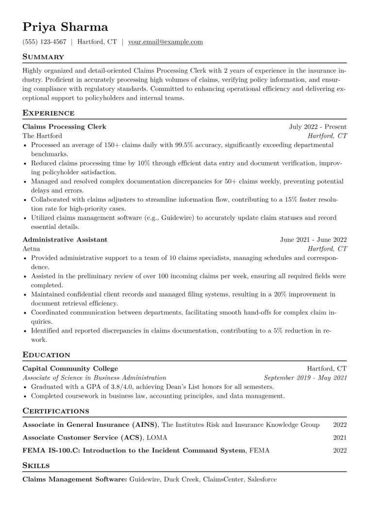 Claims Processing Clerk Resume Example CV template preview