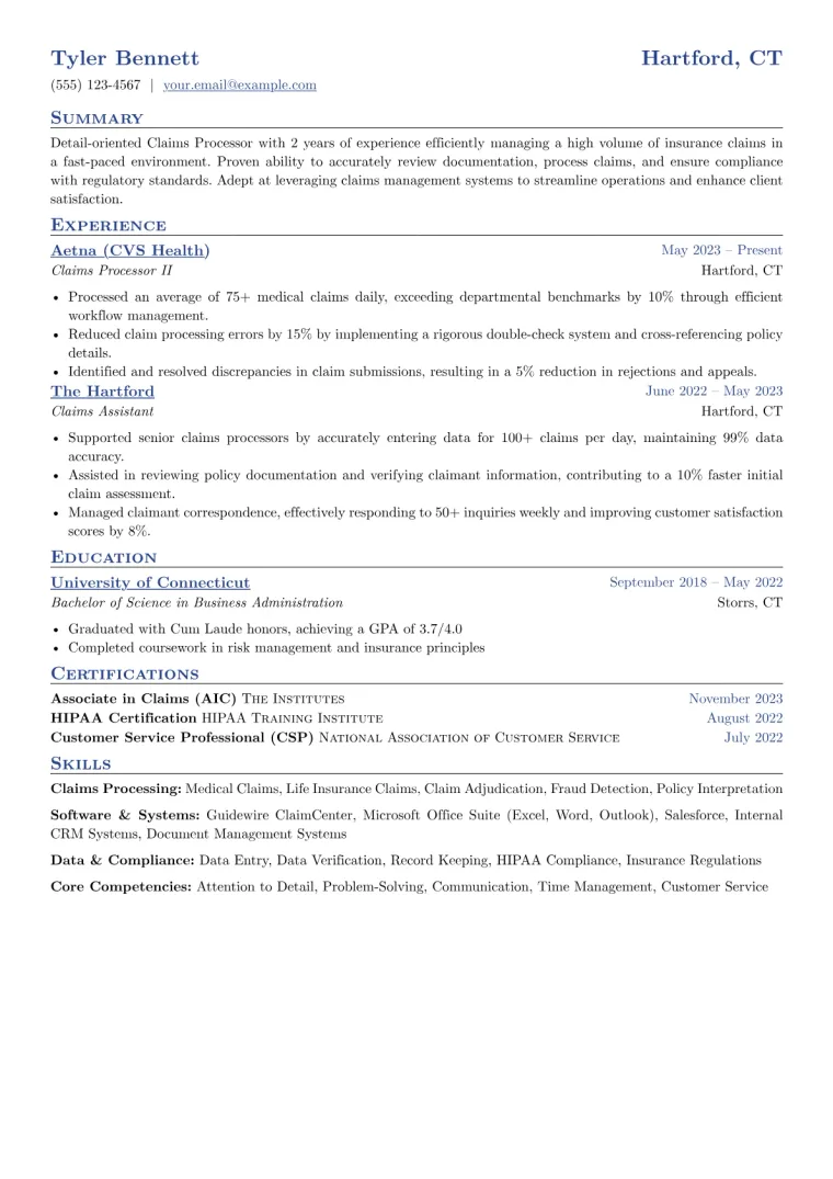 Claims Processor Resume Example CV template preview