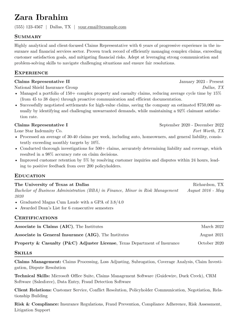 Claims Representative Resume Example CV template preview