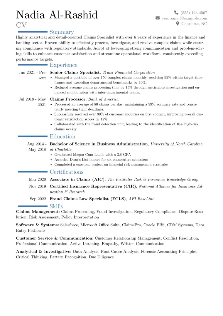 Claims Specialist Resume Example CV template preview