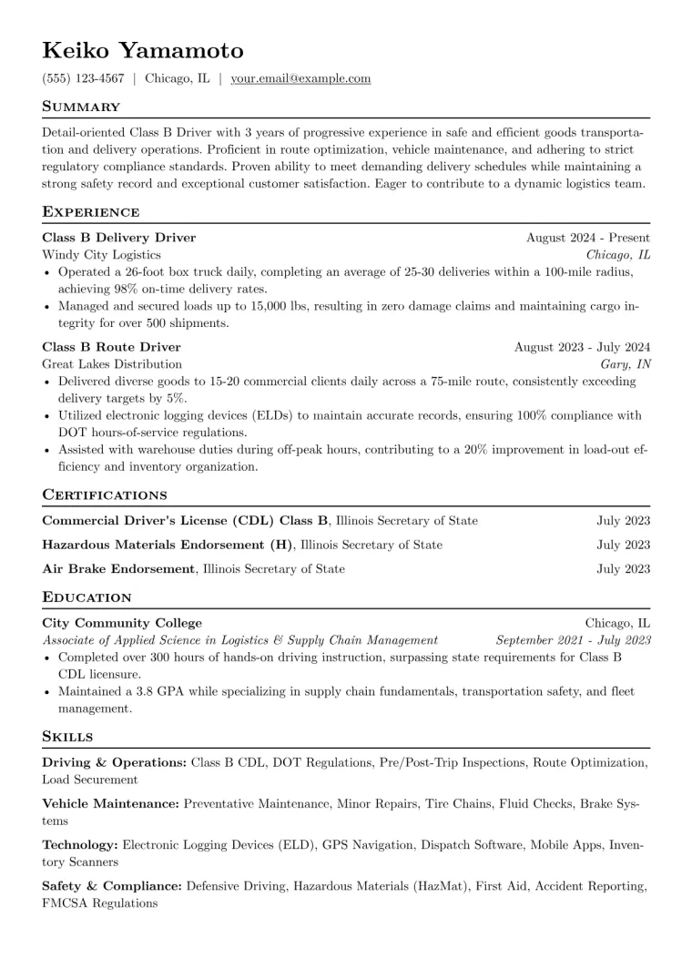Class B Driver Resume Example CV template preview