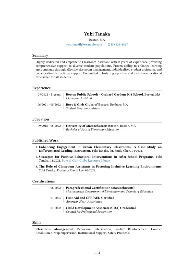 Classroom Assistant Resume Example CV template preview