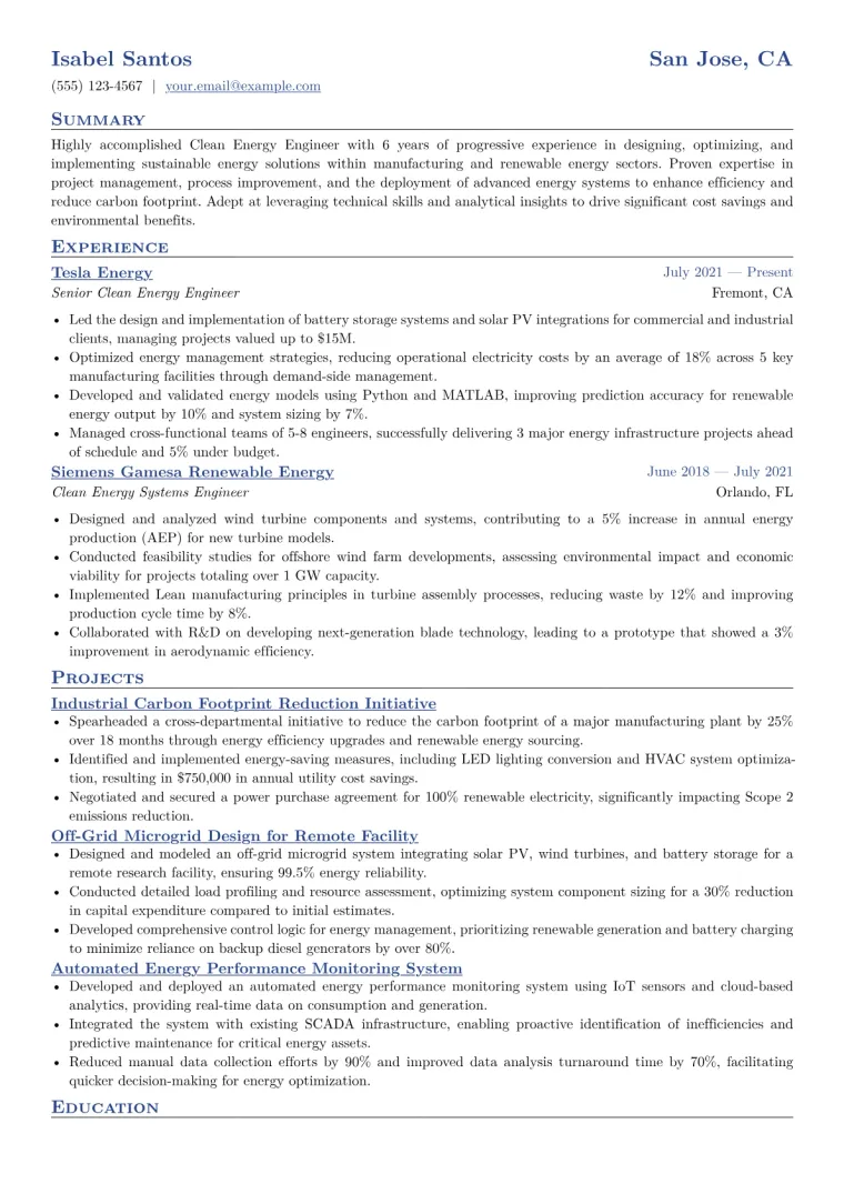 Clean Energy Engineer Resume Example CV template preview
