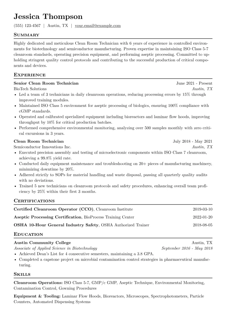 Clean Room Technician Resume Example CV template preview
