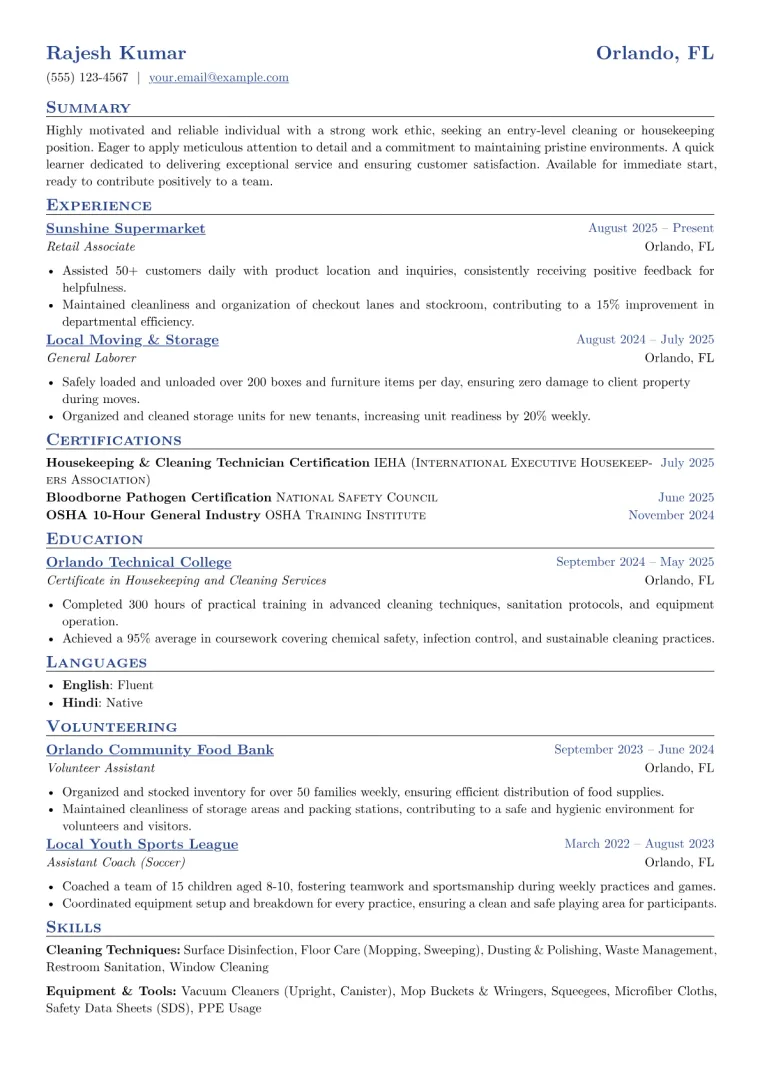 Cleaner With No Experience Resume Example preview