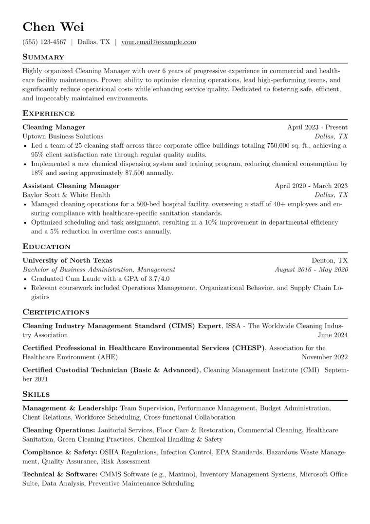Cleaning Manager Resume Example CV template preview