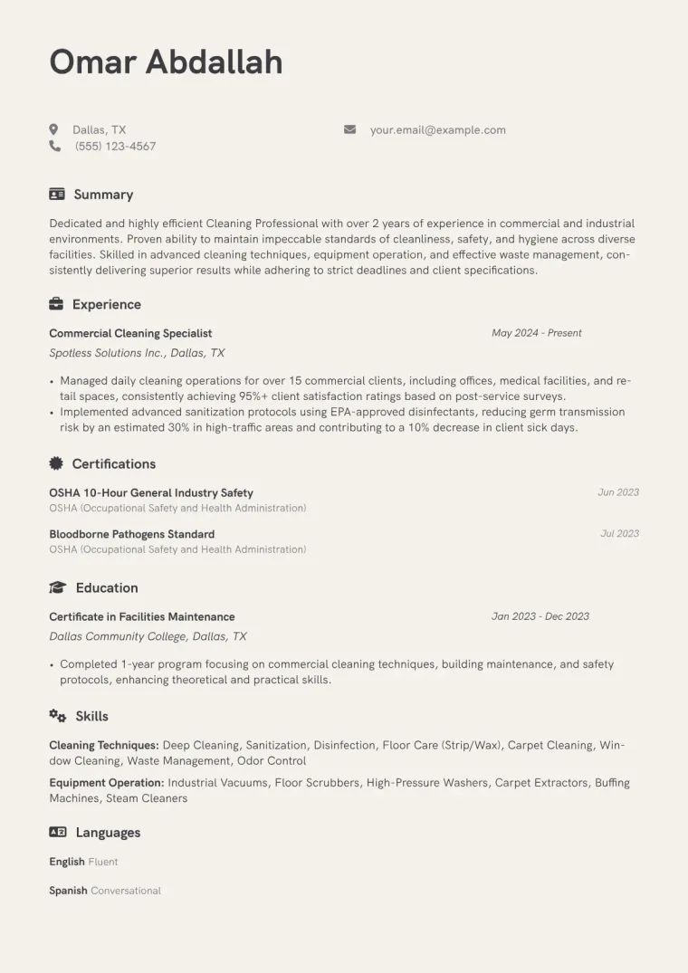 Cleaning Professional Resume Example CV template preview