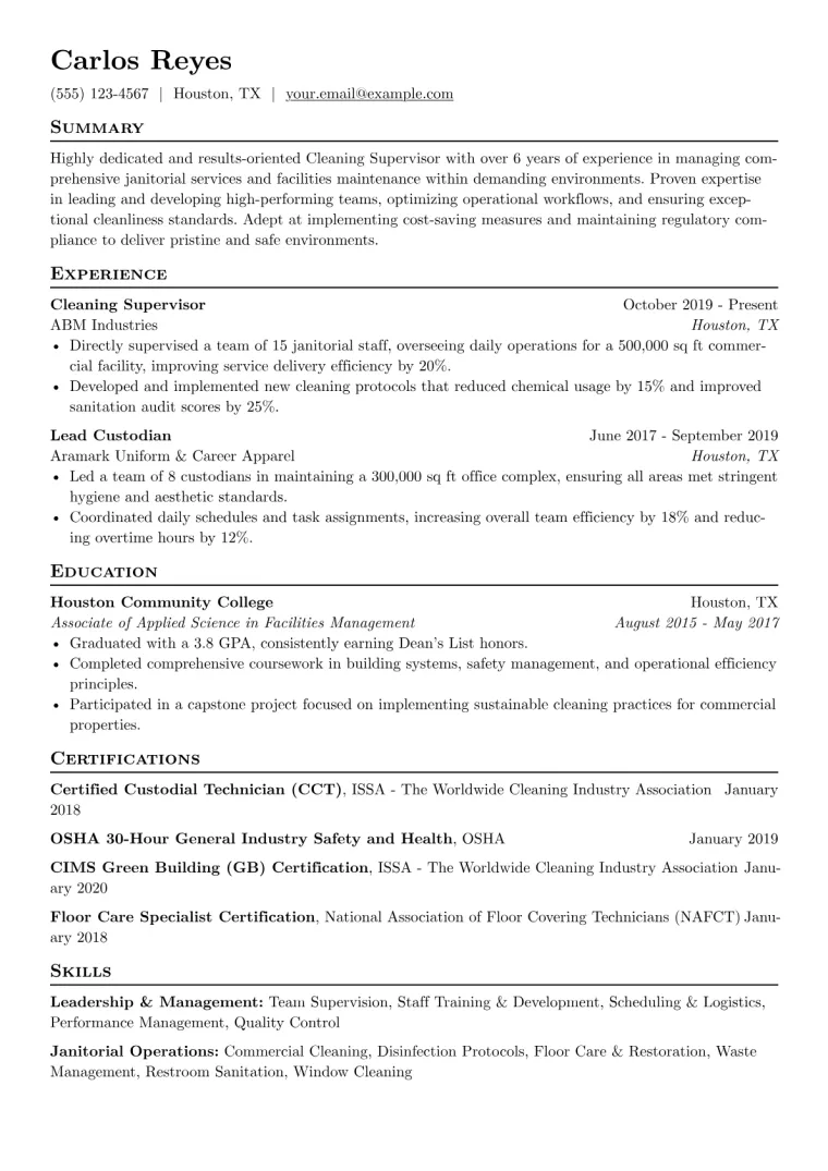 Cleaning Supervisor Resume Example CV template preview