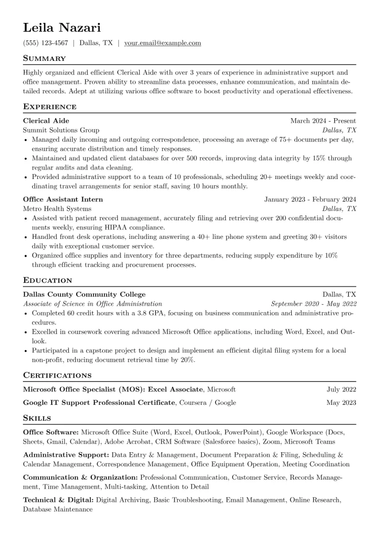 Clerical Aide Resume Example CV template preview