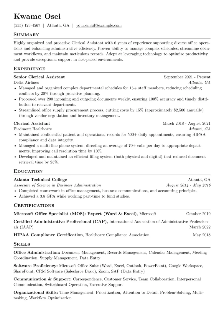 Clerical Assistant Resume Example CV template preview