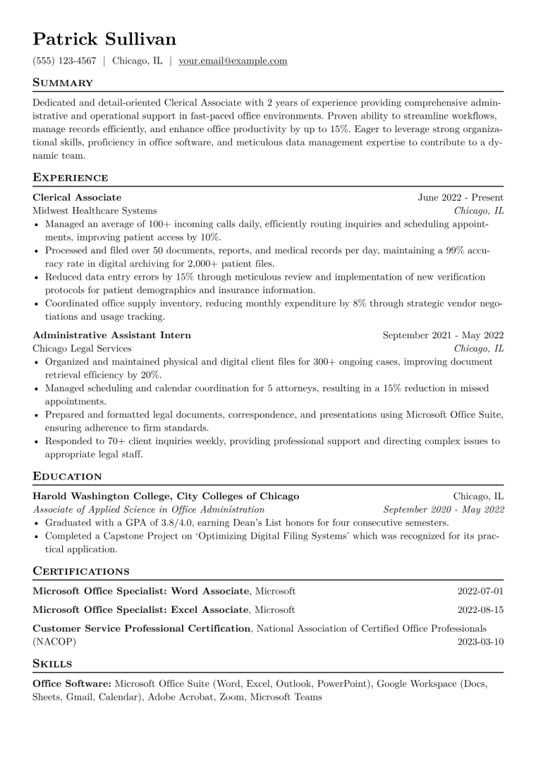 Clerical Associate Resume Example