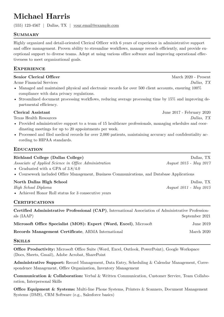 Clerical Officer Resume Example CV template preview