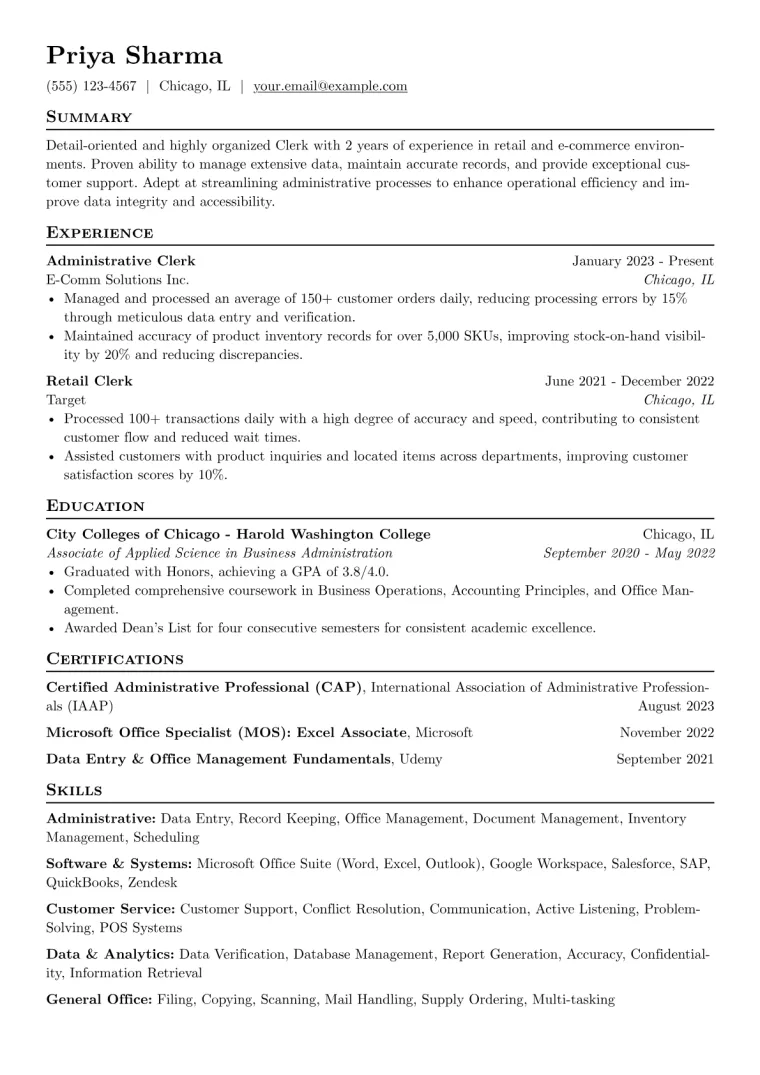 Clerk Resume Example CV template preview