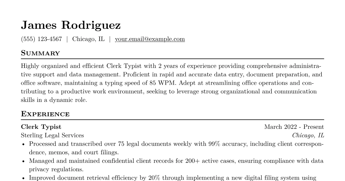 Typast Example Clerk Typist Resume Examples + Free Template (2026)
