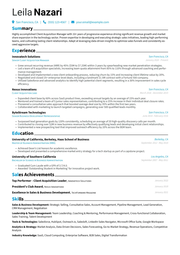 Client Acquisition Manager Resume Example CV template preview