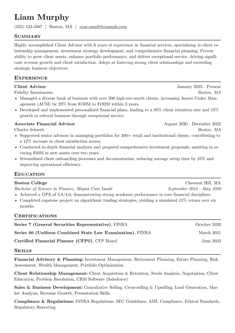 Client Advisor Resume Example CV template preview