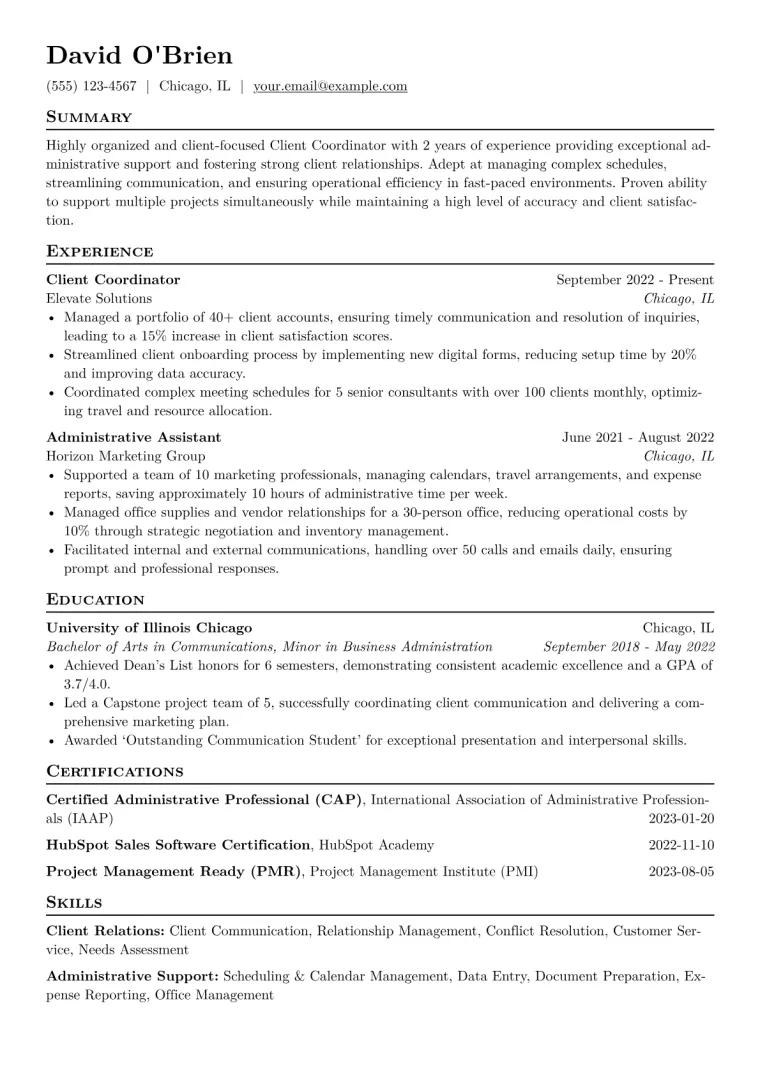 Client Coordinator Resume Example CV template preview