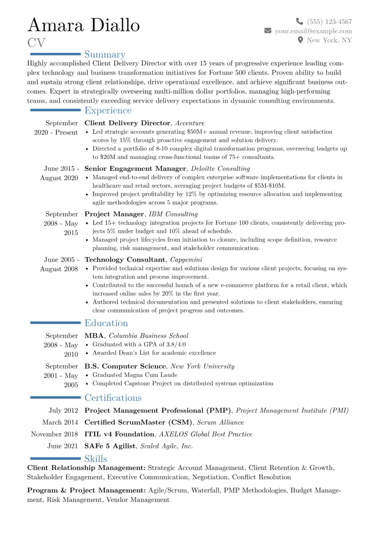 Client Delivery Director Resume Example CV template preview