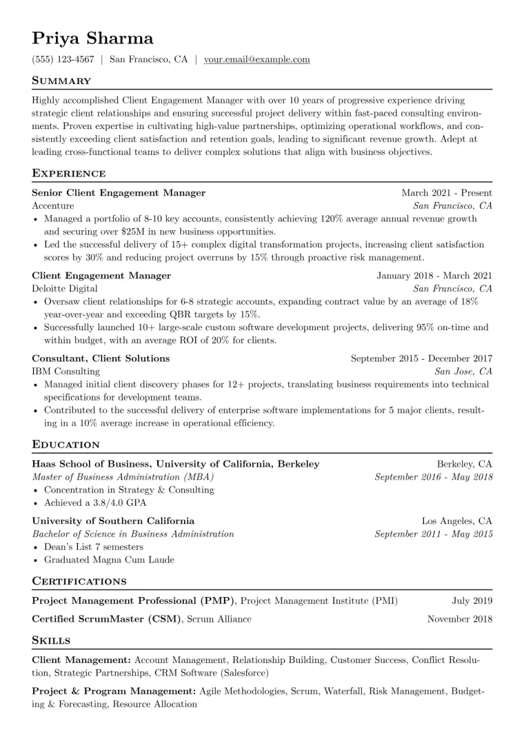 Client Engagement Manager Resume Example CV template preview
