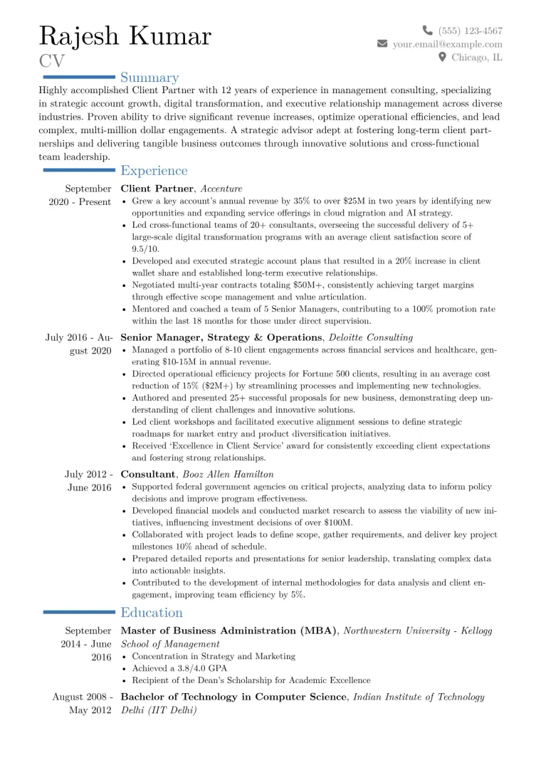 Client Partner Resume Example CV template preview