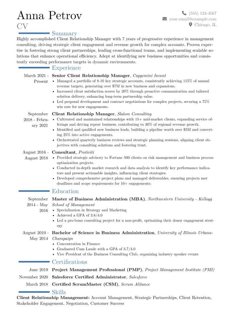 Client Relationship Manager Resume Example CV template preview