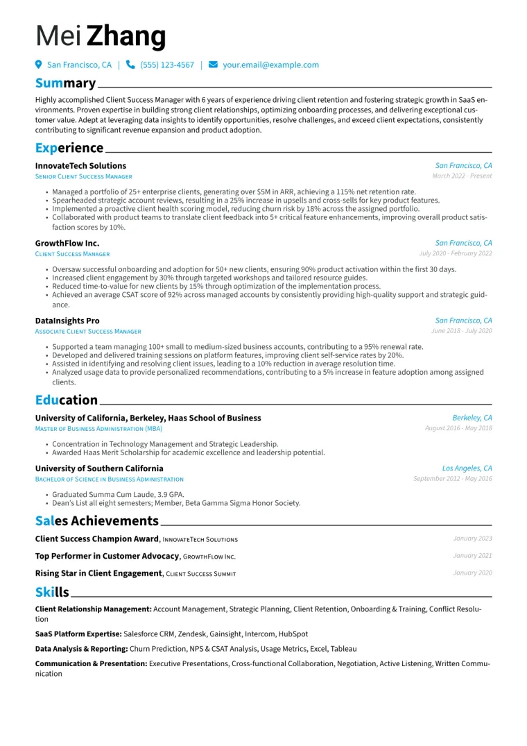 Client Success Manager Resume Example CV template preview