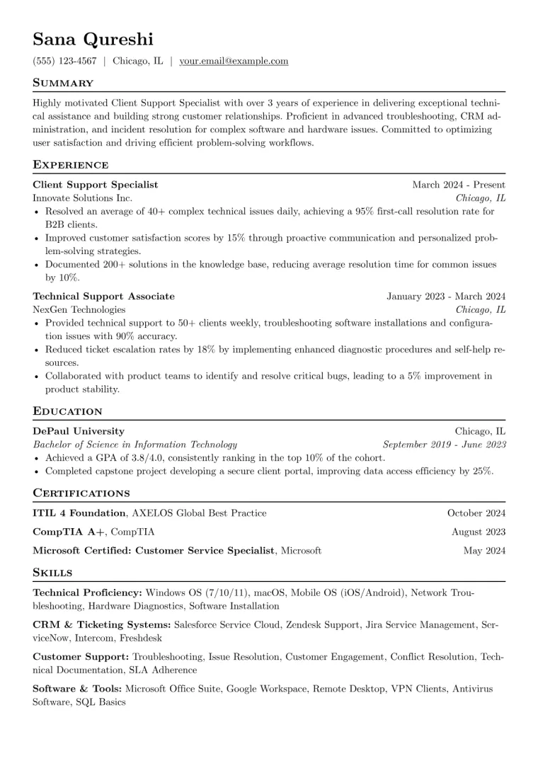 Client Support Specialist Resume Example CV template preview