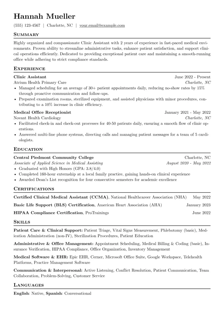 Clinic Assistant Resume Example CV template preview