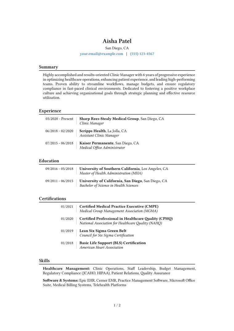Clinic Manager Resume Example CV template preview