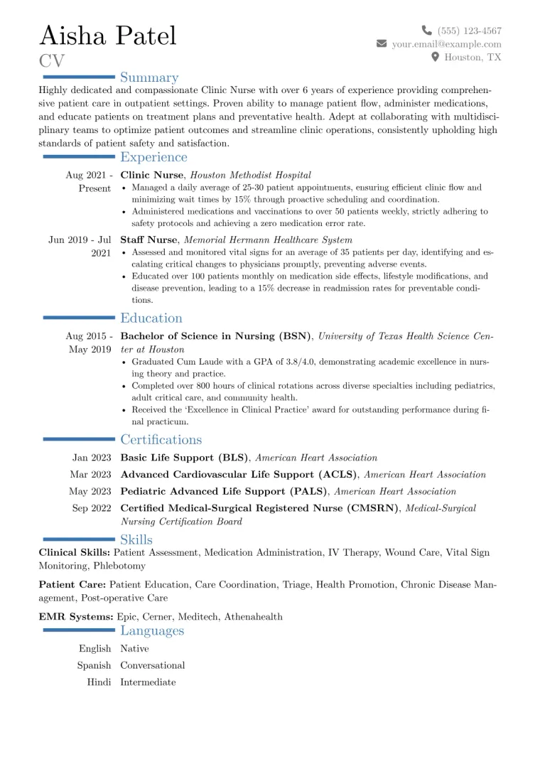Clinic Nurse Resume Example CV template preview