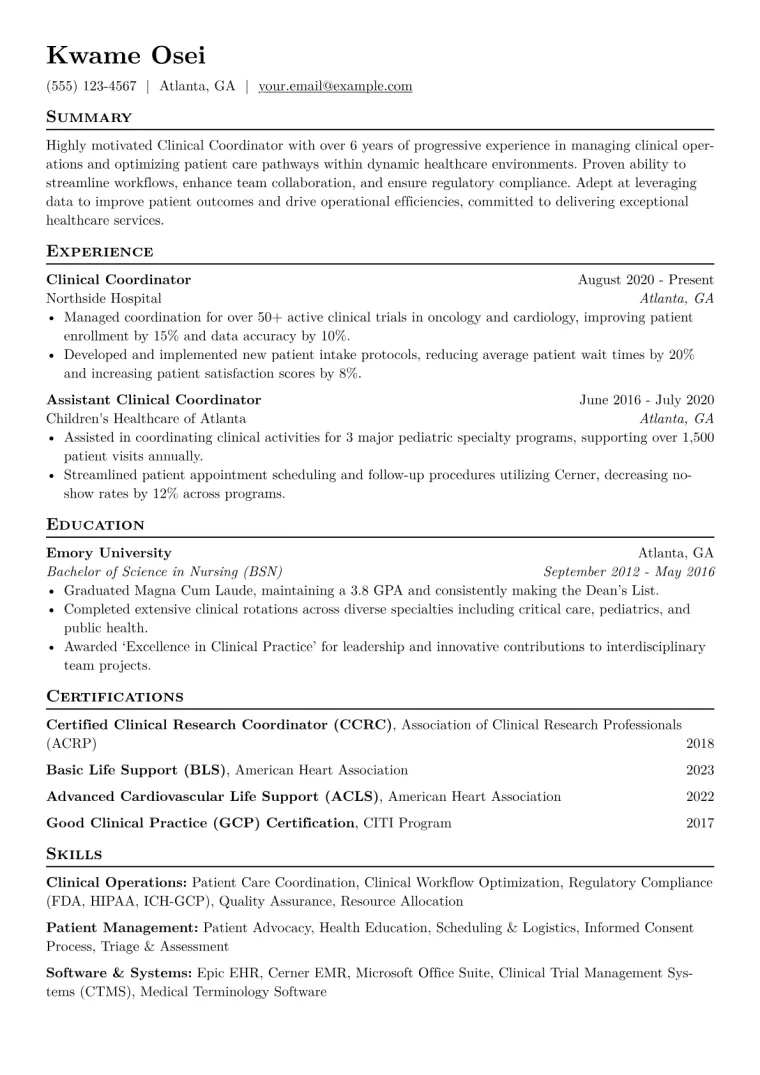 Clinical Coordinator Healthcare Resume Example CV template preview