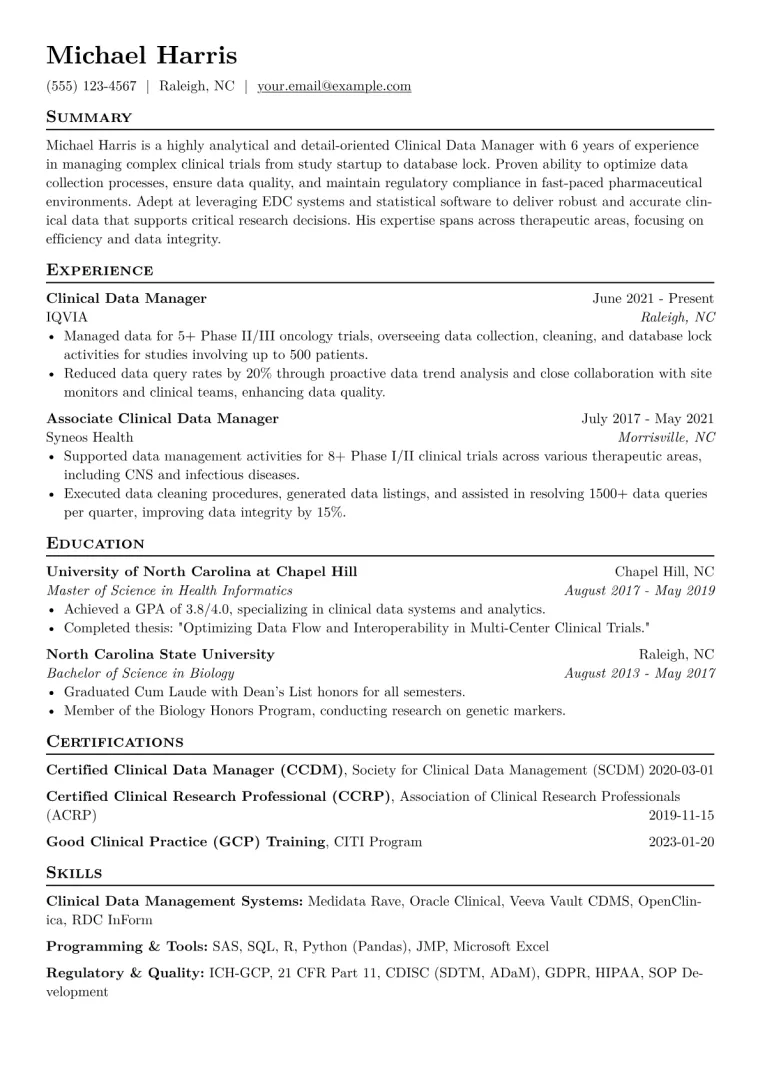 Clinical Data Manager Resume Example CV template preview